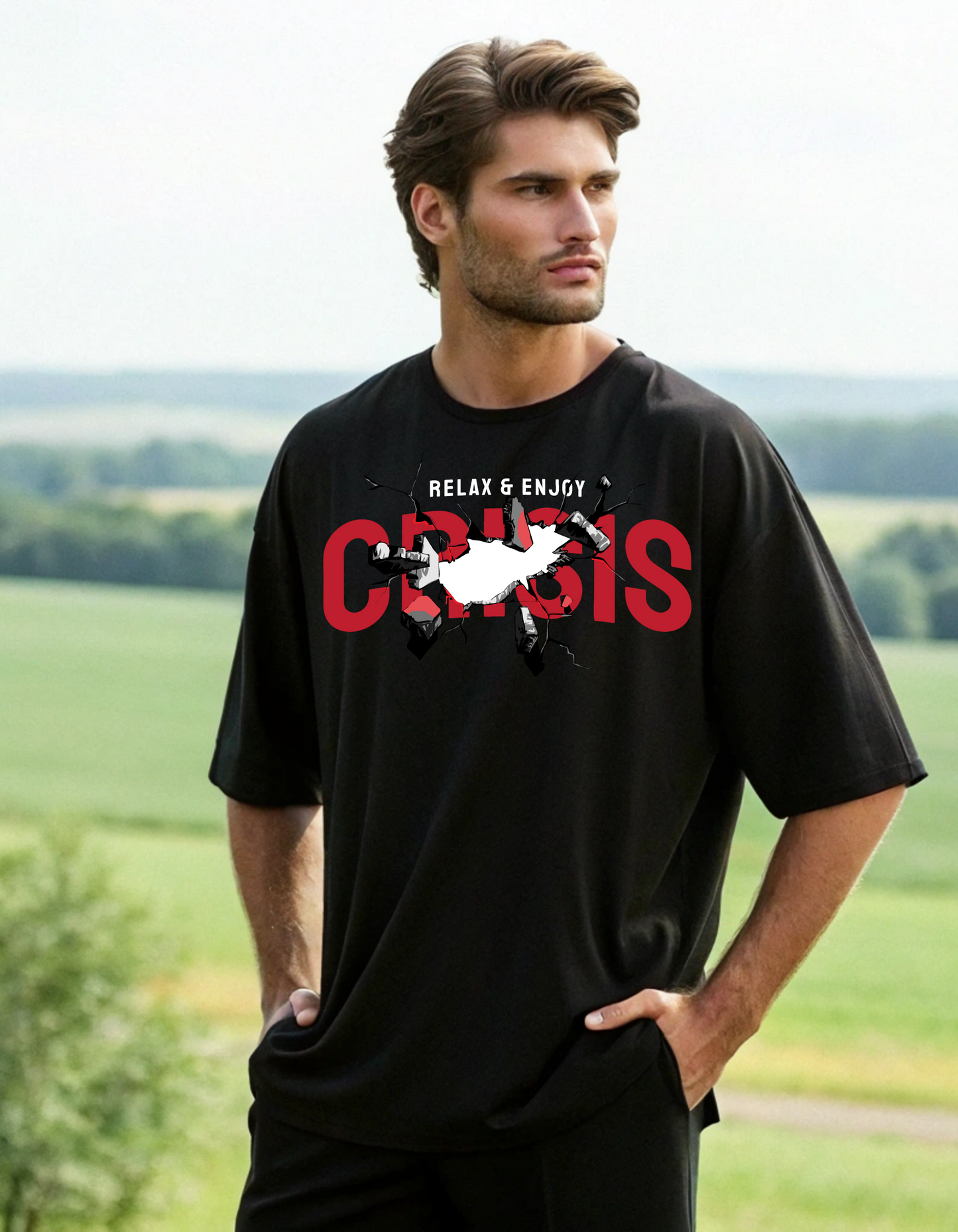 Relax & Enjoy Crisis Premium Black Oversized T-shirt for Men